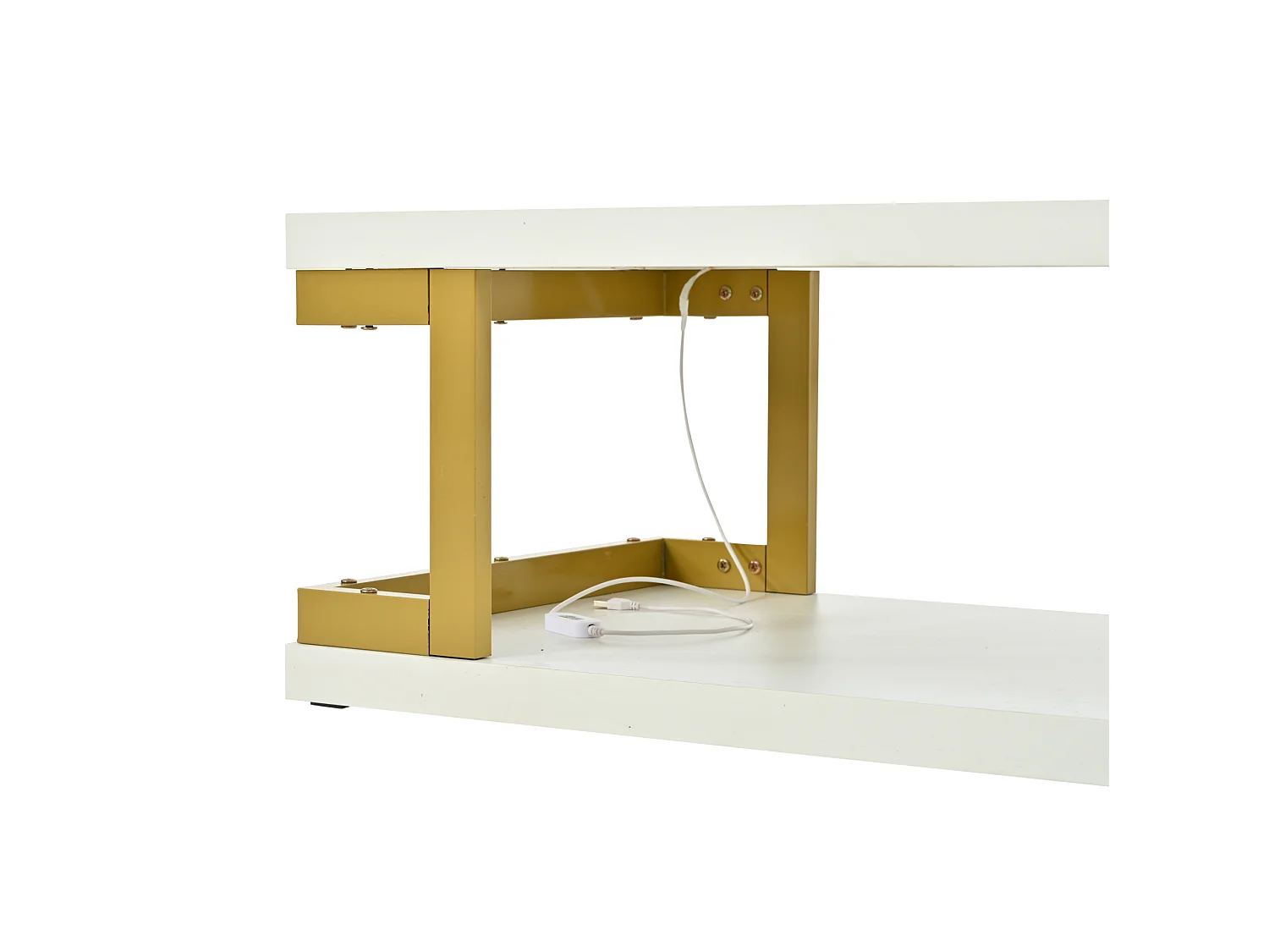 Tavolino basso 100x50x37,5 cm bianco opaco struttura dorata, illuminazione led, vani ripostiglio aperti su 2 livelli per soggiorno