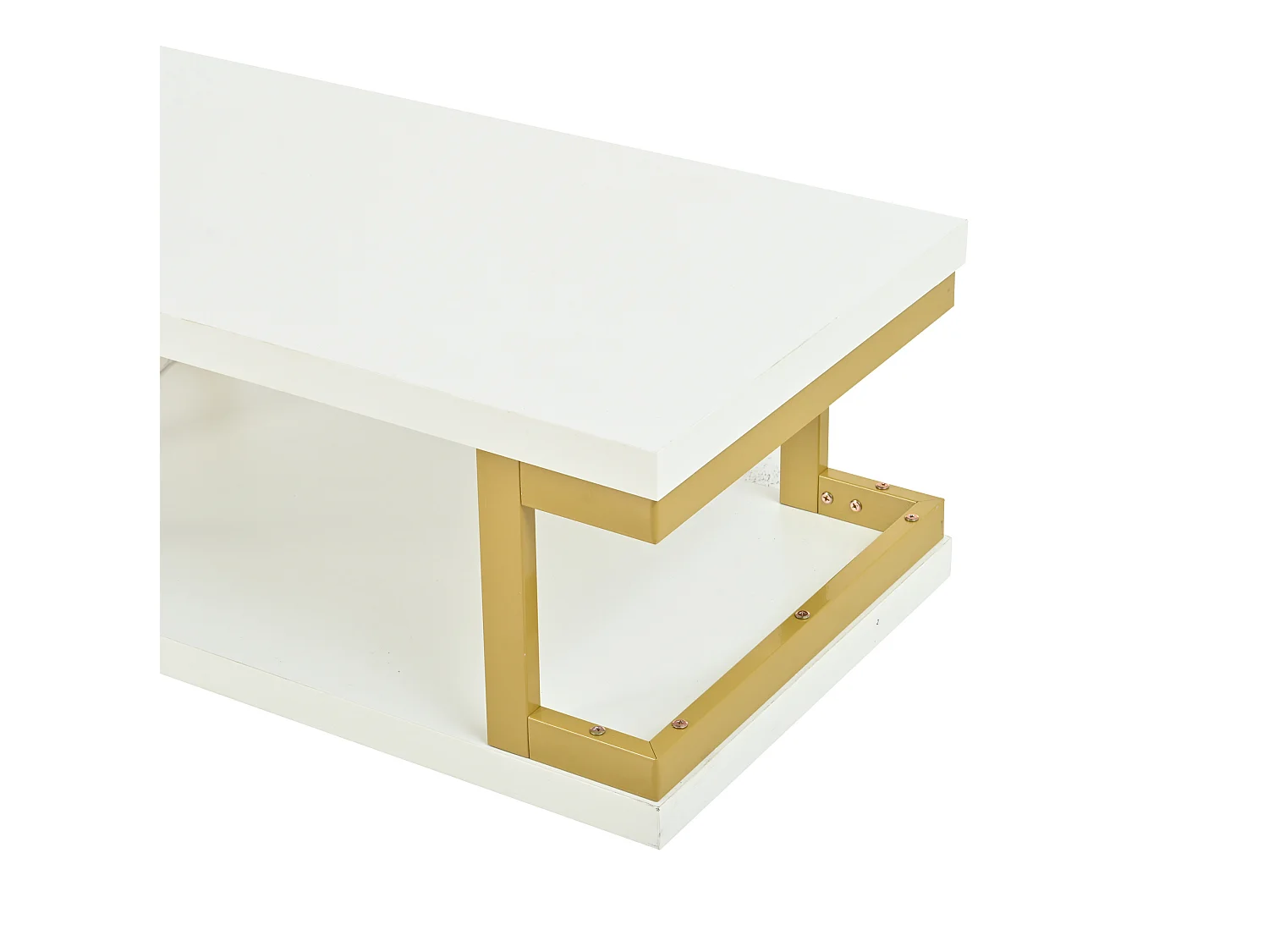 Tavolino basso 100x50x37,5 cm bianco opaco struttura dorata, illuminazione led, vani ripostiglio aperti su 2 livelli per soggiorno