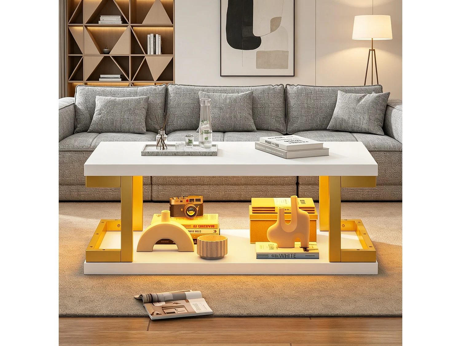 Tavolino basso 100x50x37,5 cm bianco opaco struttura dorata, illuminazione led, vani ripostiglio aperti su 2 livelli per soggiorno