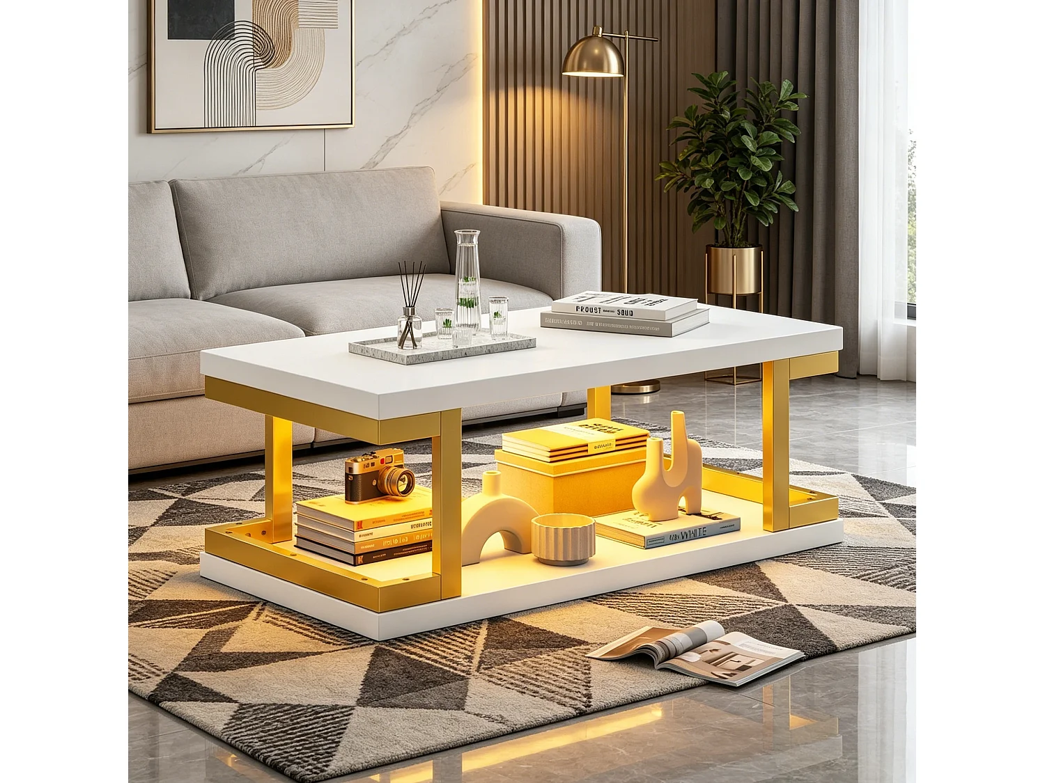 Tavolino basso 100x50x37,5 cm bianco opaco struttura dorata, illuminazione led, vani ripostiglio aperti su 2 livelli per soggiorno