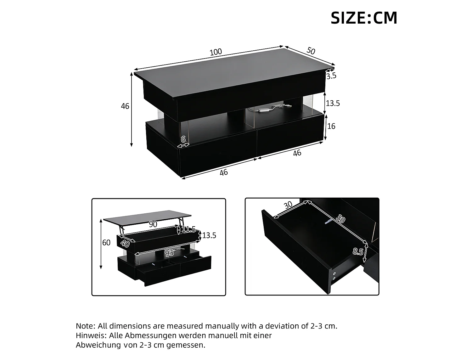 Tavolino rettangolare 100x50x46 cm nero lucido piano sollevabile, Led bluetooth, 2 cassetti e ripostiglio nascosto per soggiorno
