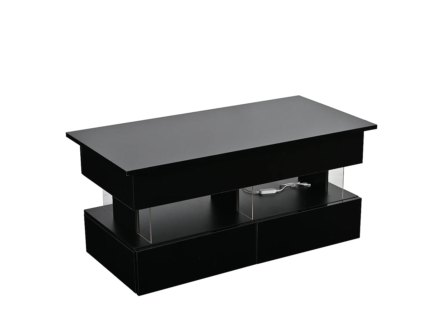 Tavolino rettangolare 100x50x46 cm nero lucido piano sollevabile, Led bluetooth, 2 cassetti e ripostiglio nascosto per soggiorno