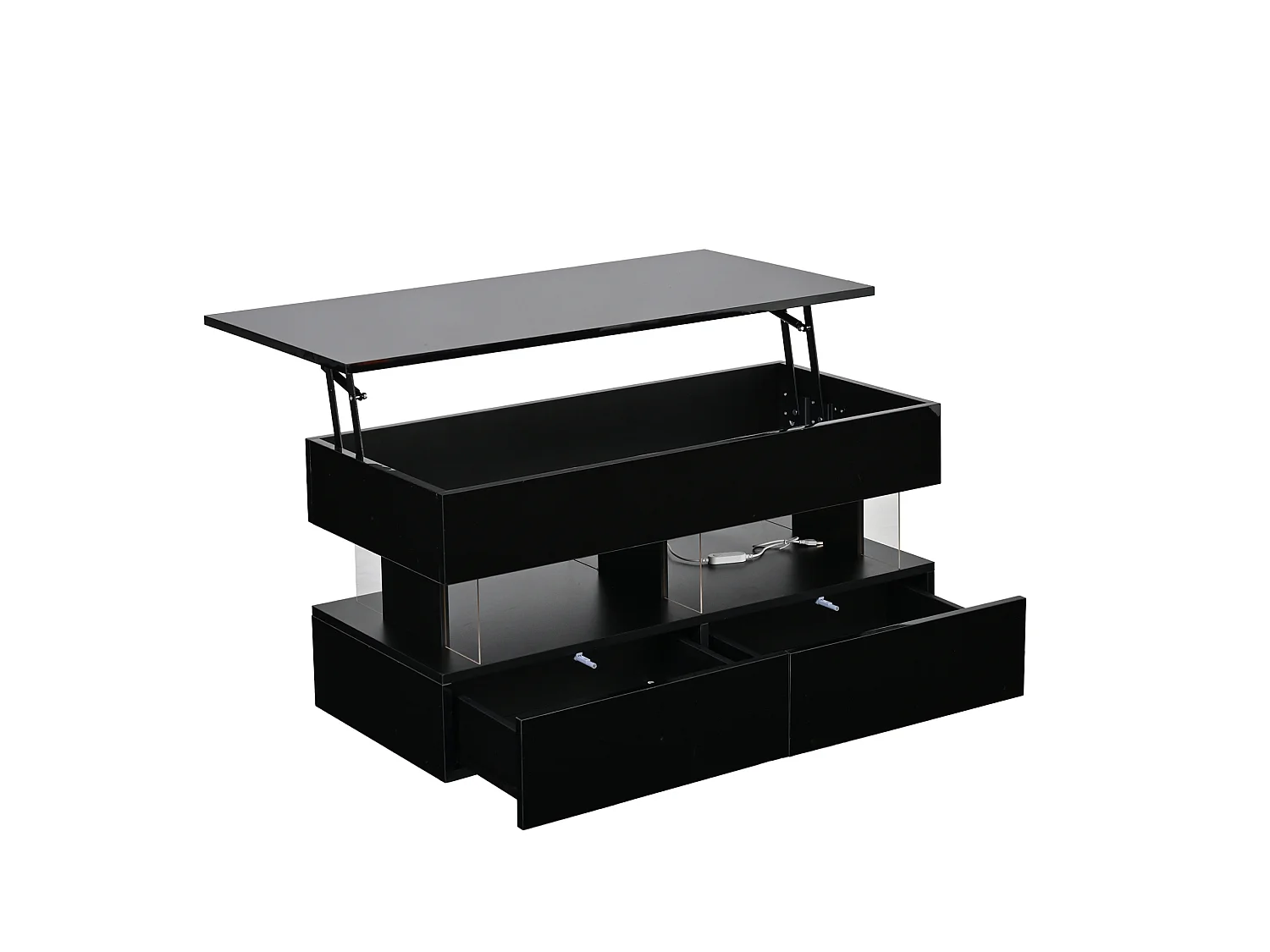 Tavolino rettangolare 100x50x46 cm nero lucido piano sollevabile, Led bluetooth, 2 cassetti e ripostiglio nascosto per soggiorno