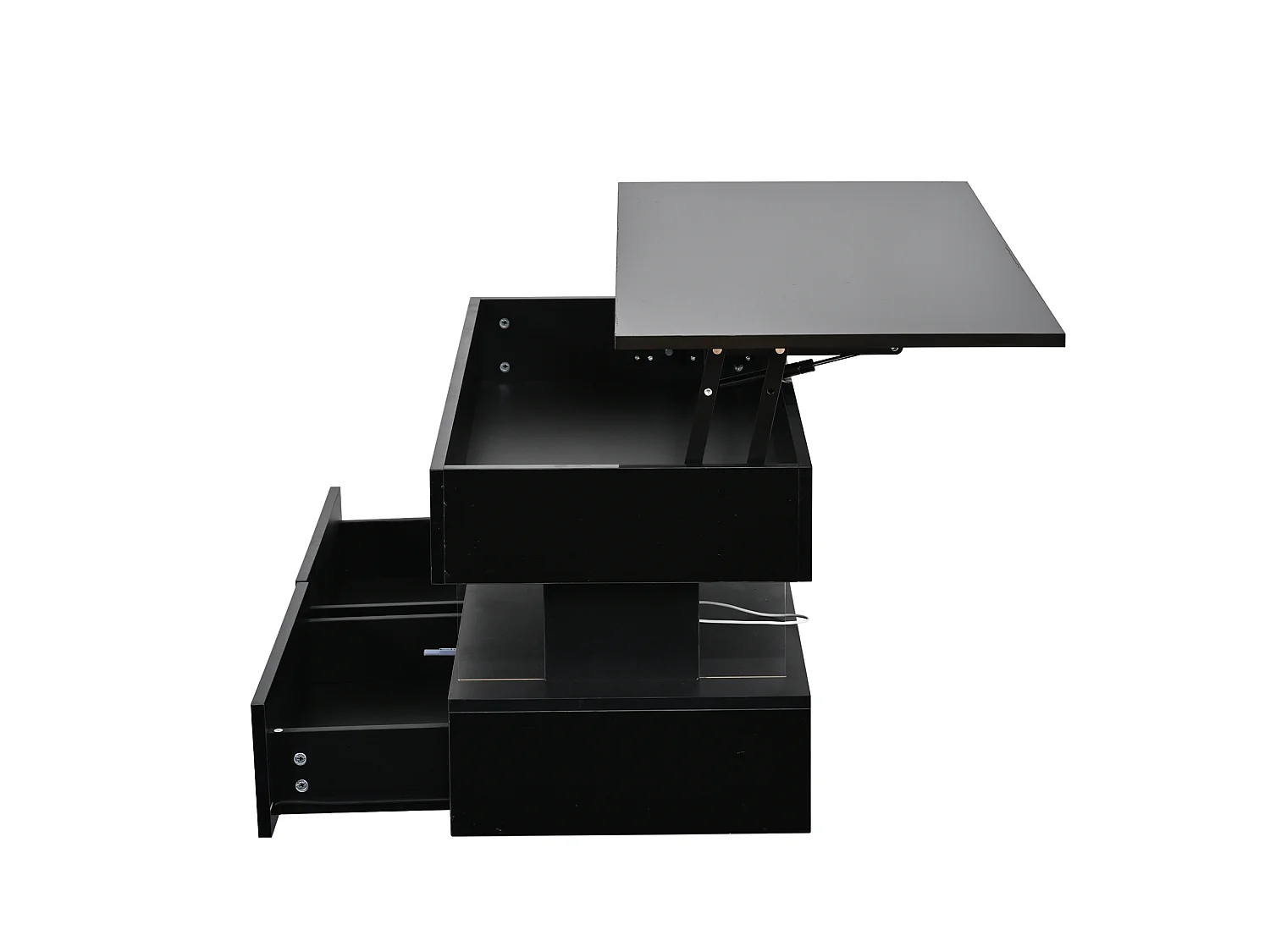 Tavolino rettangolare 100x50x46 cm nero lucido piano sollevabile, Led bluetooth, 2 cassetti e ripostiglio nascosto per soggiorno