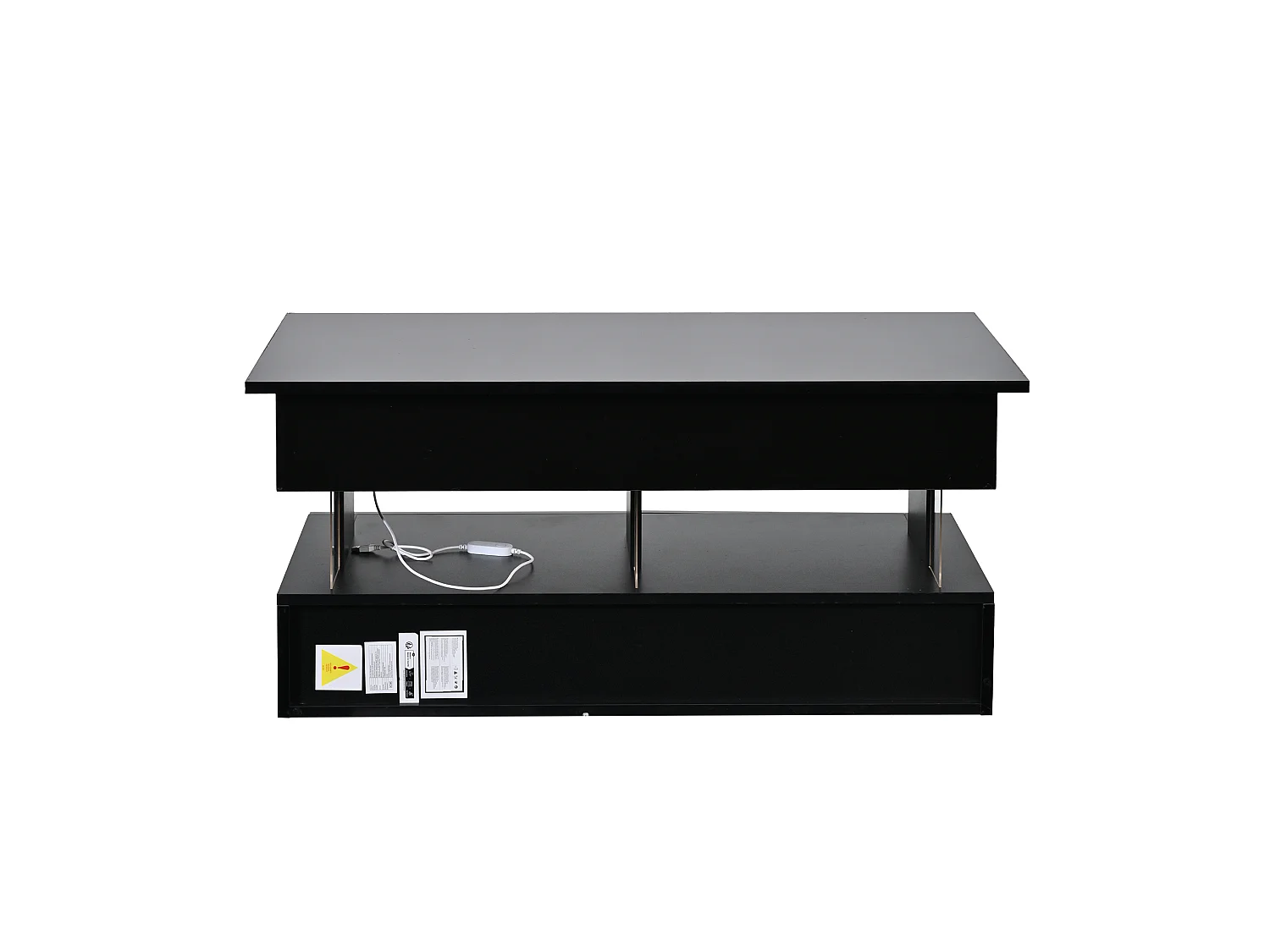 Tavolino rettangolare 100x50x46 cm nero lucido piano sollevabile, Led bluetooth, 2 cassetti e ripostiglio nascosto per soggiorno