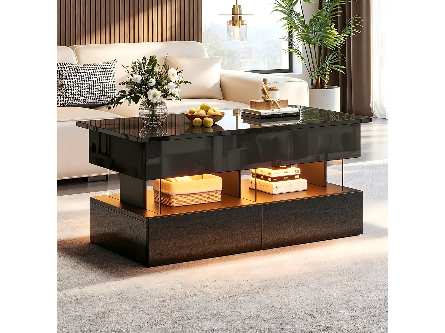 Tavolino rettangolare 100x50x46 cm nero lucido piano sollevabile, Led bluetooth, 2 cassetti e ripostiglio nascosto per soggiorno