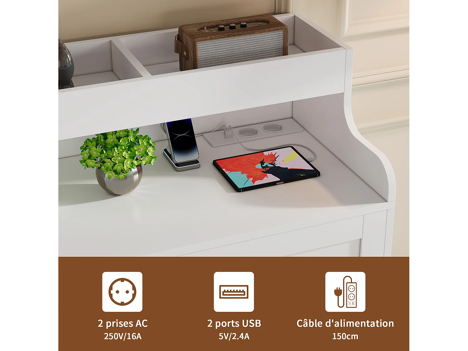 6 tiroirs dresser 110x40x99 cm - Commode avec LED & Station de recharge - Organisateur de rangement avec Cubbies de rangement ouvert - Bois - Blanc