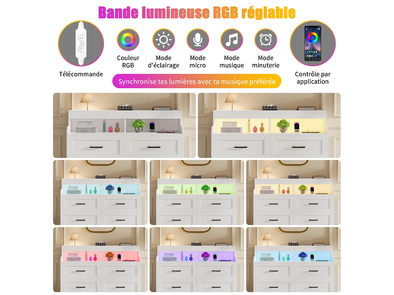 6 tiroirs dresser 110x40x99 cm - Commode avec LED & Station de recharge - Organisateur de rangement avec Cubbies de rangement ouvert - Bois - Blanc