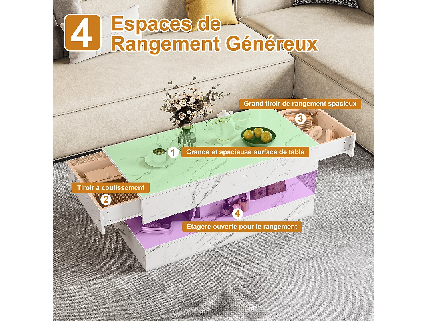 Table basse 100 x 50 x 45 cm - Table de thé à motif marbre avec LED et 2 tiroirs - Table de canapé rectangulaire haute brillante - Bois - blanc