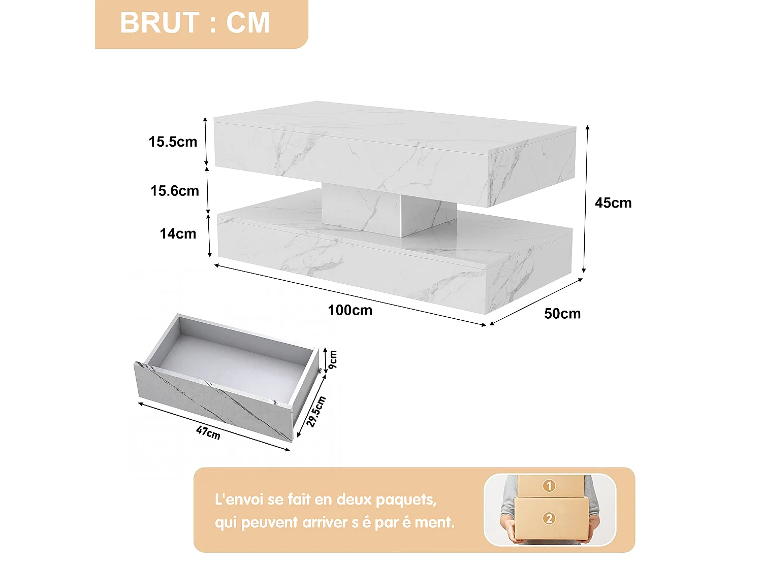 Table basse 100 x 50 x 45 cm - Table de thé à motif marbre avec LED et 2 tiroirs - Table de canapé rectangulaire haute brillante - Bois - blanc
