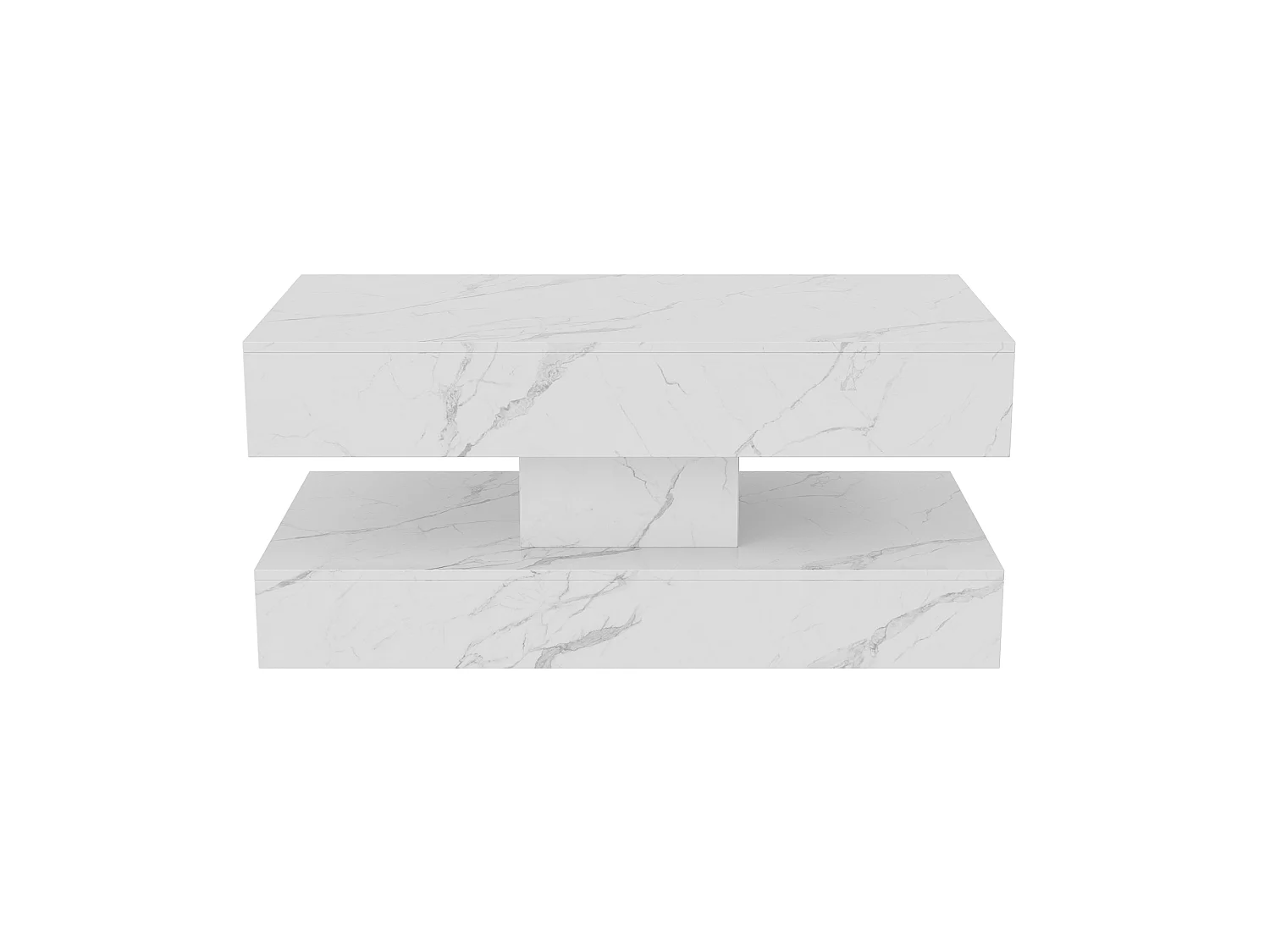 Table basse 100 x 50 x 45 cm - Table de thé à motif marbre avec LED et 2 tiroirs - Table de canapé rectangulaire haute brillante - Bois - blanc