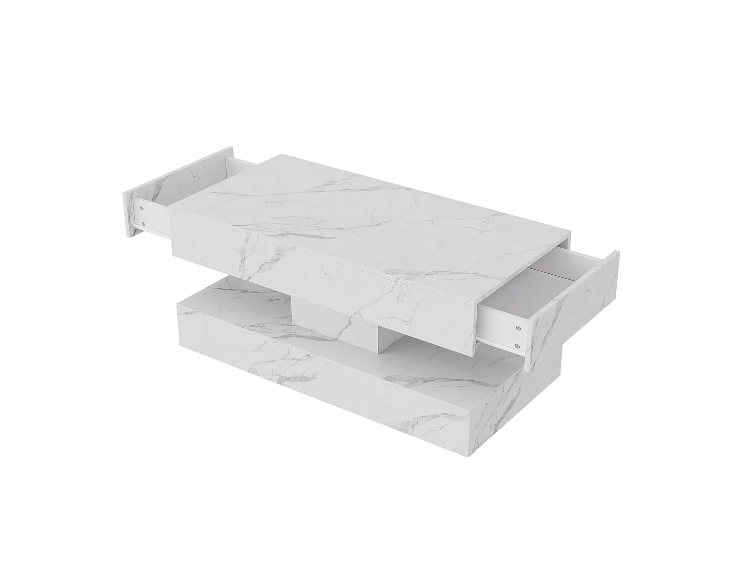 Table basse 100 x 50 x 45 cm - Table de thé à motif marbre avec LED et 2 tiroirs - Table de canapé rectangulaire haute brillante - Bois - blanc