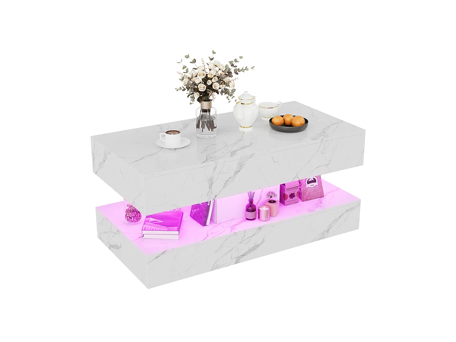 Table basse 100 x 50 x 45 cm - Table de thé à motif marbre avec LED et 2 tiroirs - Table de canapé rectangulaire haute brillante - Bois - blanc