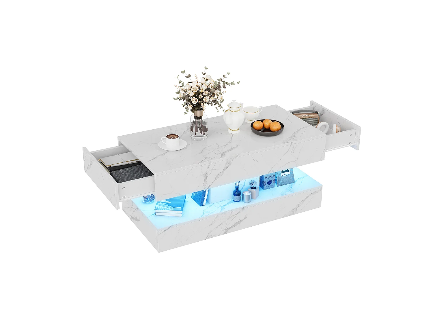 Table basse 100 x 50 x 45 cm - Table de thé à motif marbre avec LED et 2 tiroirs - Table de canapé rectangulaire haute brillante - Bois - blanc