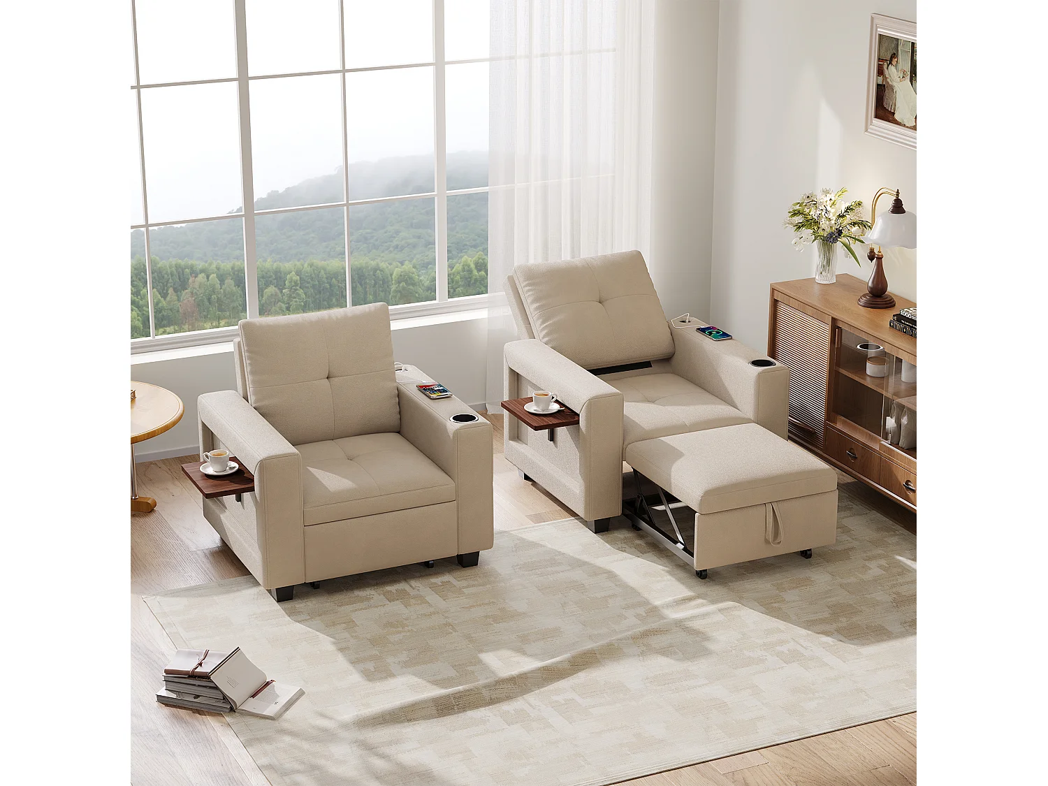 Canapé-lit convertible 3-en-1 - chaise à coucher simple avec dossier réglable en 5 positions, table latérale pliable, porte-tasse et port de charge USB - Beige