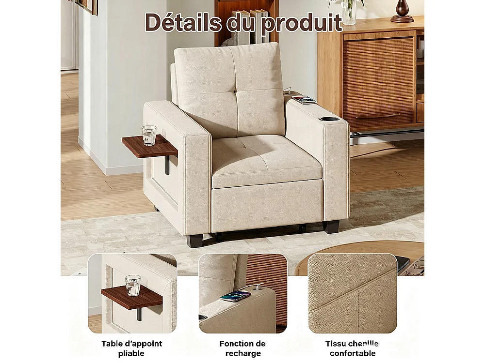 Canapé-lit convertible 3-en-1 - chaise à coucher simple avec dossier réglable en 5 positions, table latérale pliable, porte-tasse et port de charge USB - Beige