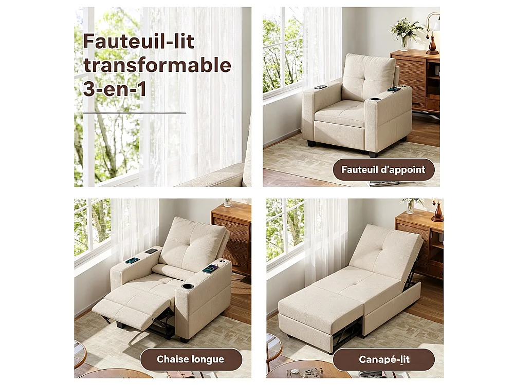 Canapé-lit convertible 3-en-1 - chaise à coucher simple avec dossier réglable en 5 positions, table latérale pliable, porte-tasse et port de charge USB - Beige