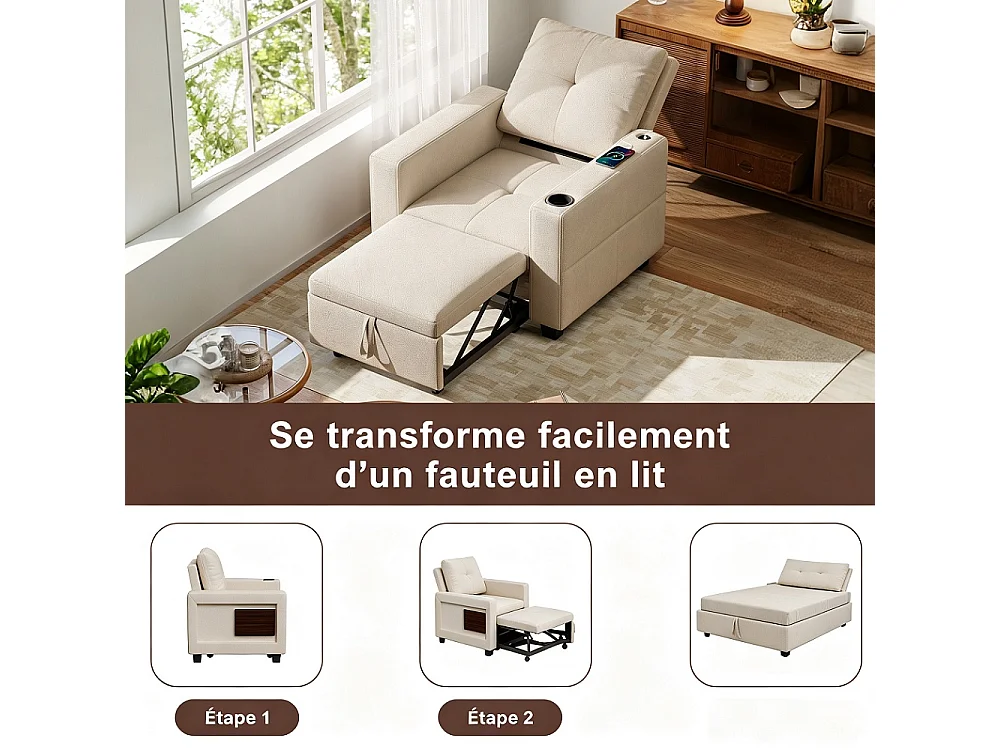 Canapé-lit convertible 3-en-1 - chaise à coucher simple avec dossier réglable en 5 positions, table latérale pliable, porte-tasse et port de charge USB - Beige