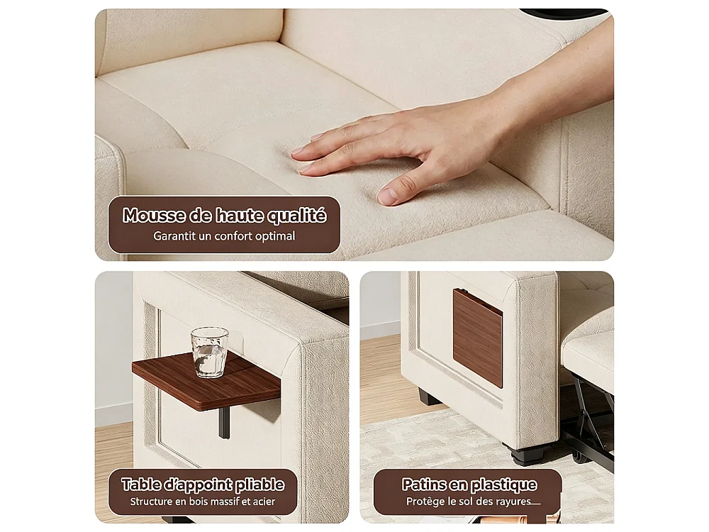 Canapé-lit convertible 3-en-1 - chaise à coucher simple avec dossier réglable en 5 positions, table latérale pliable, porte-tasse et port de charge USB - Beige