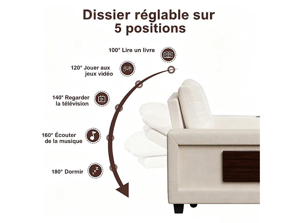 Canapé-lit convertible 3-en-1 - chaise à coucher simple avec dossier réglable en 5 positions, table latérale pliable, porte-tasse et port de charge USB - Beige