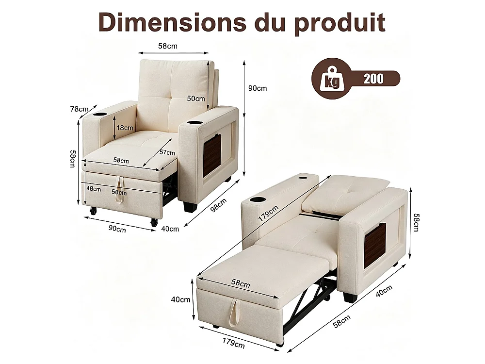 Canapé-lit convertible 3-en-1 - chaise à coucher simple avec dossier réglable en 5 positions, table latérale pliable, porte-tasse et port de charge USB - Beige