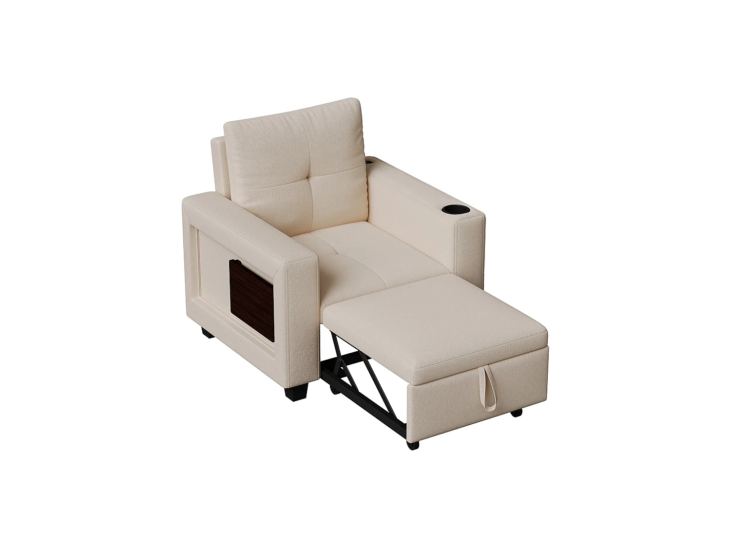 Canapé-lit convertible 3-en-1 - chaise à coucher simple avec dossier réglable en 5 positions, table latérale pliable, porte-tasse et port de charge USB - Beige