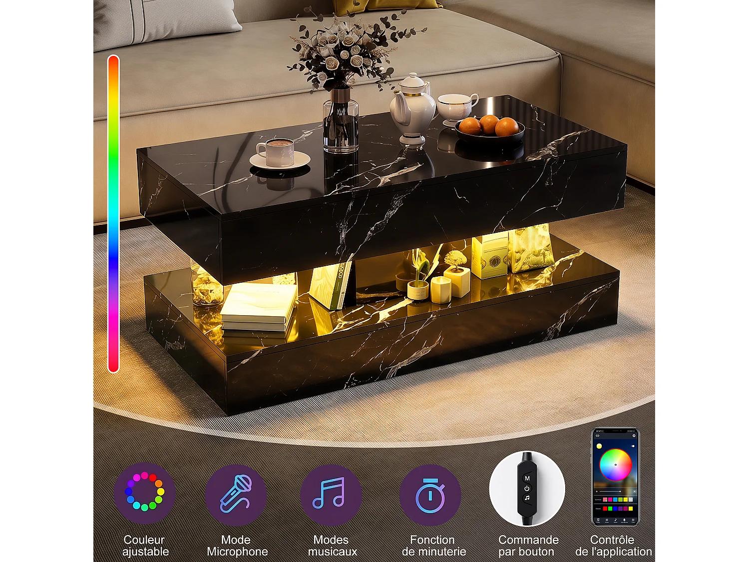 Table basse 100 x 50 x 45 cm - Table de thé à motif marbre avec LED et 2 tiroirs - Table de canapé rectangulaire haute lustre - Bois - noir