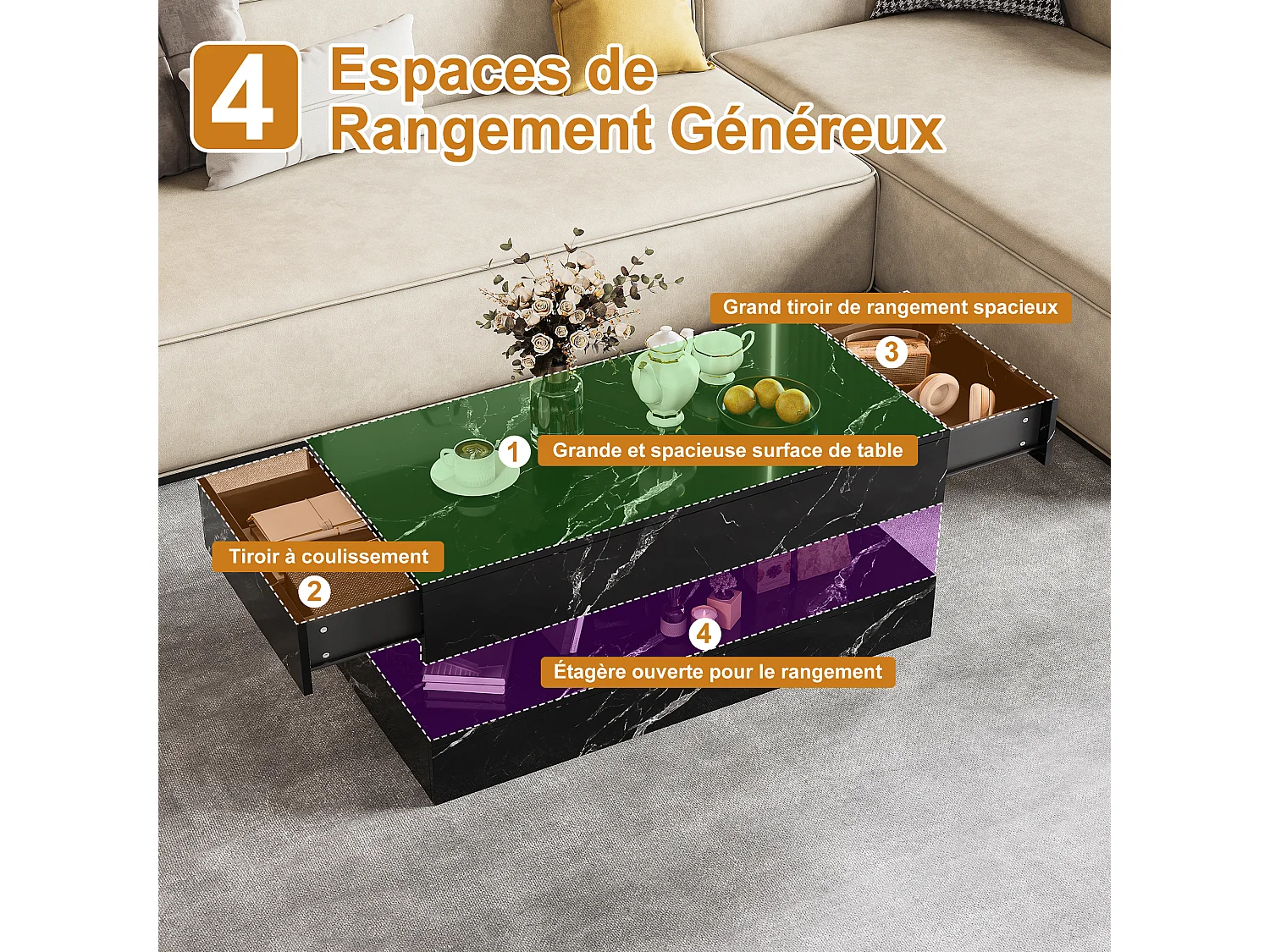 Table basse 100 x 50 x 45 cm - Table de thé à motif marbre avec LED et 2 tiroirs - Table de canapé rectangulaire haute lustre - Bois - noir
