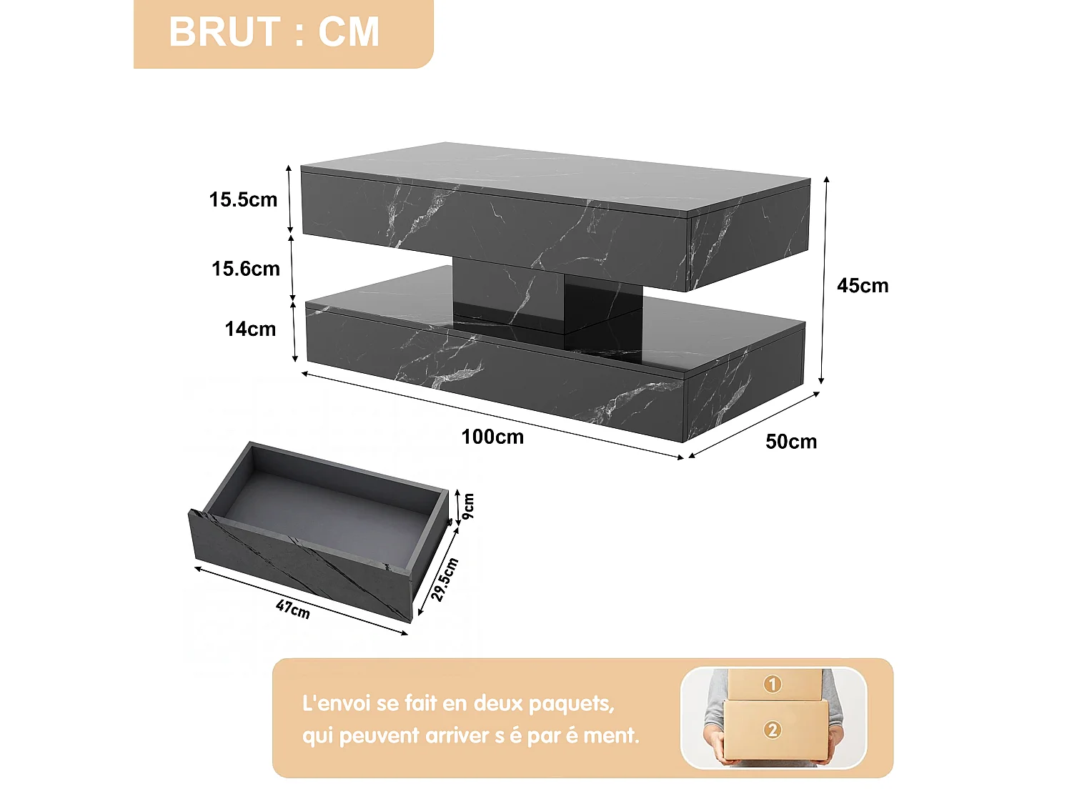 Table basse 100 x 50 x 45 cm - Table de thé à motif marbre avec LED et 2 tiroirs - Table de canapé rectangulaire haute lustre - Bois - noir