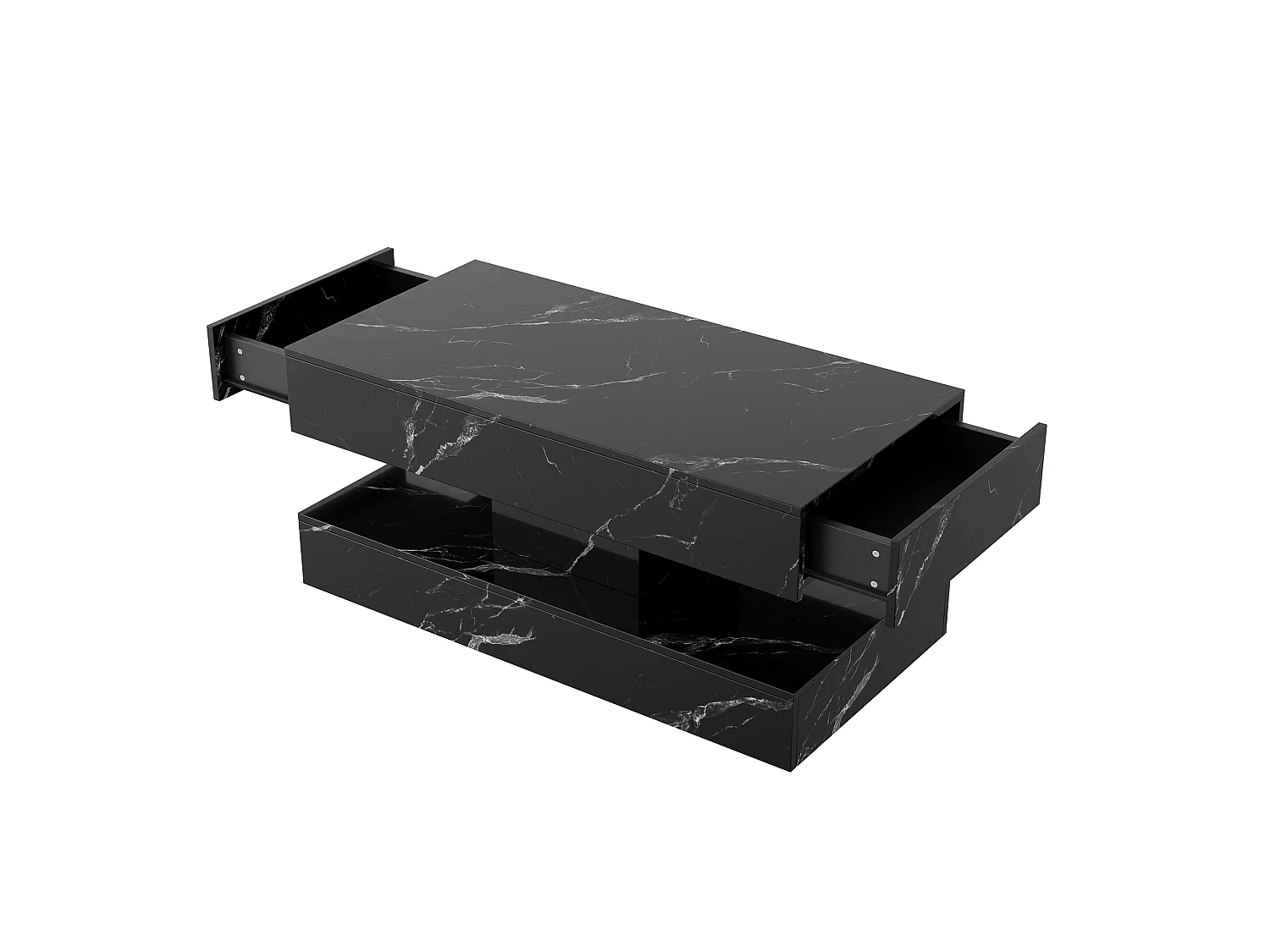 Table basse 100 x 50 x 45 cm - Table de thé à motif marbre avec LED et 2 tiroirs - Table de canapé rectangulaire haute lustre - Bois - noir