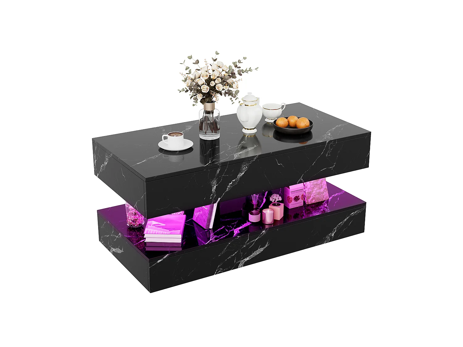 Table basse 100 x 50 x 45 cm - Table de thé à motif marbre avec LED et 2 tiroirs - Table de canapé rectangulaire haute lustre - Bois - noir