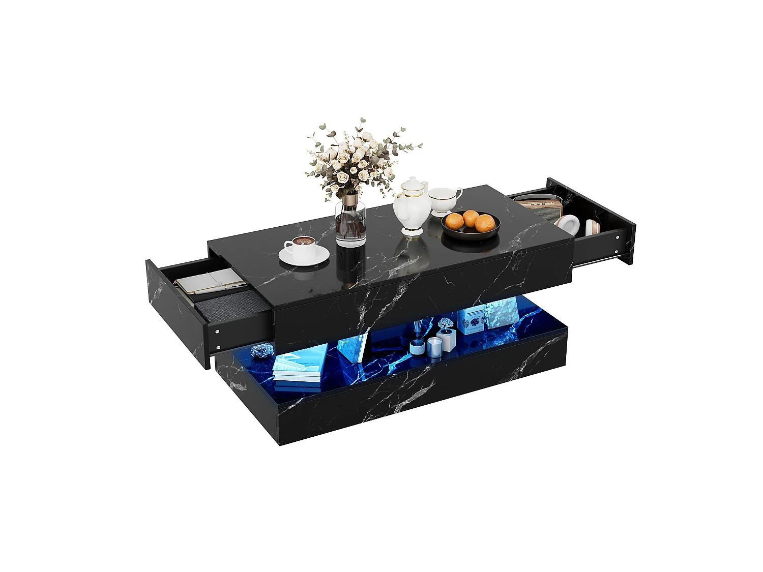 Table basse 100 x 50 x 45 cm - Table de thé à motif marbre avec LED et 2 tiroirs - Table de canapé rectangulaire haute lustre - Bois - noir