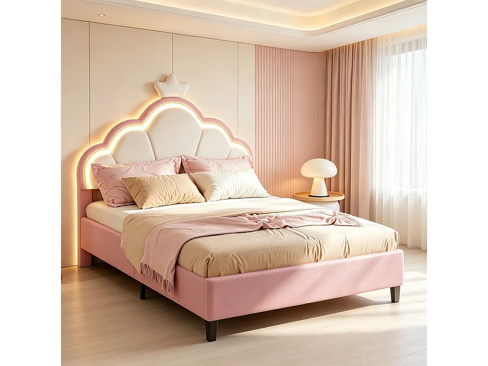 Lit rembourré pour enfants 90 x 190 cm - Lit rembourré Princess Crown avec LED - Lit simple avec tête réglable et cadre à lames - Velvet - rose