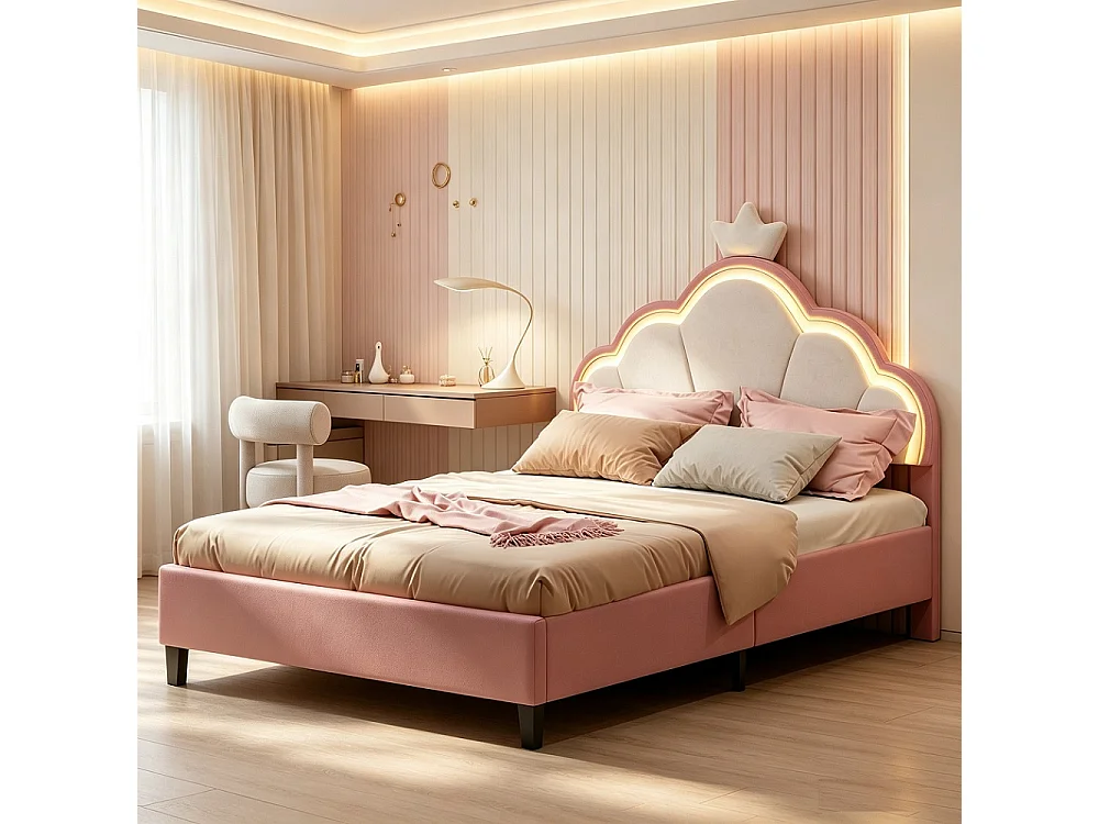 Lit rembourré pour enfants 90 x 190 cm - Lit rembourré Princess Crown avec LED - Lit simple avec tête réglable et cadre à lames - Velvet - rose