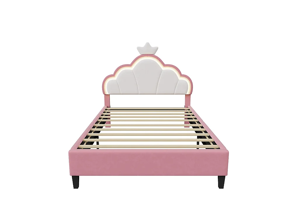 Lit rembourré pour enfants 90 x 190 cm - Lit rembourré Princess Crown avec LED - Lit simple avec tête réglable et cadre à lames - Velvet - rose