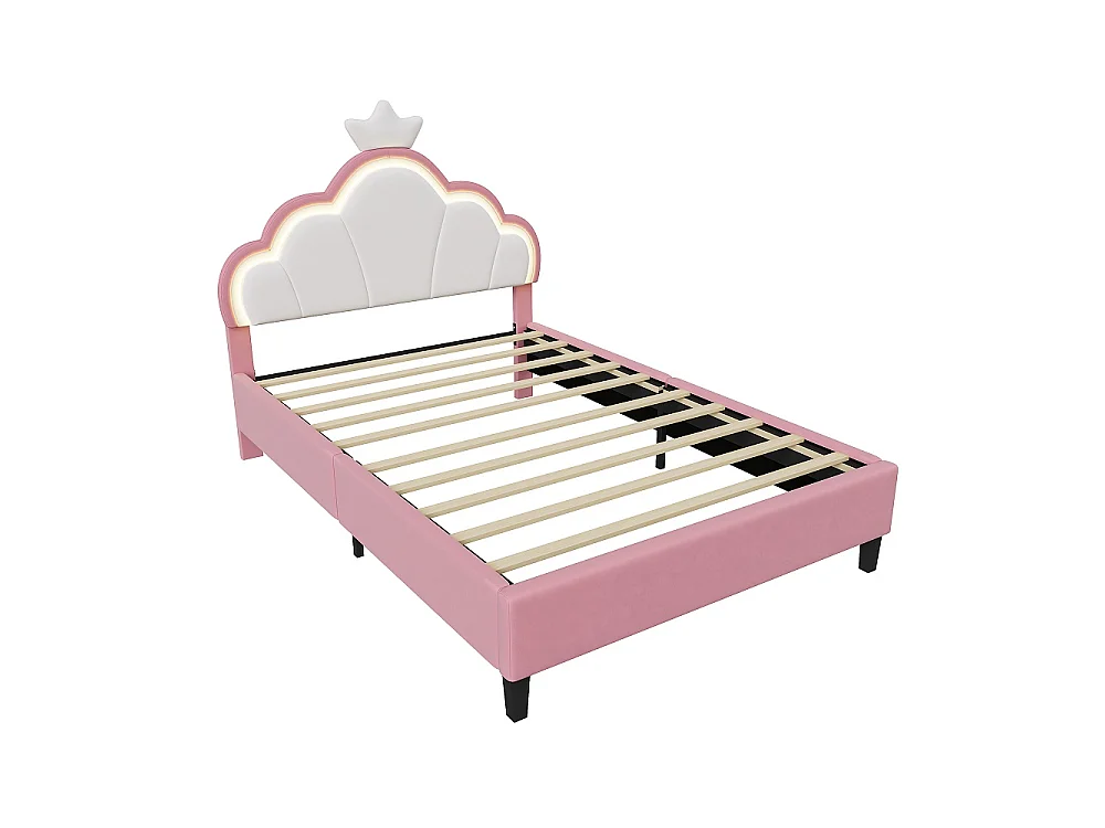 Lit rembourré pour enfants 90 x 190 cm - Lit rembourré Princess Crown avec LED - Lit simple avec tête réglable et cadre à lames - Velvet - rose