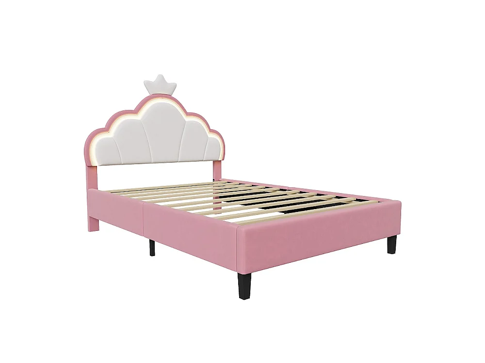 Lit rembourré pour enfants 90 x 190 cm - Lit rembourré Princess Crown avec LED - Lit simple avec tête réglable et cadre à lames - Velvet - rose