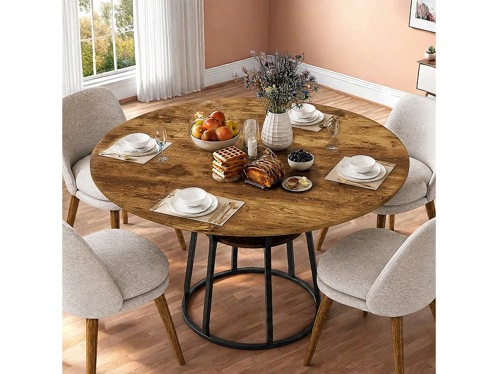 Table à manger ronde 120cm - Table de cuisine industrielle avec étagère de rangement et cadre métallique, pour 6 personnes - Bois - marron