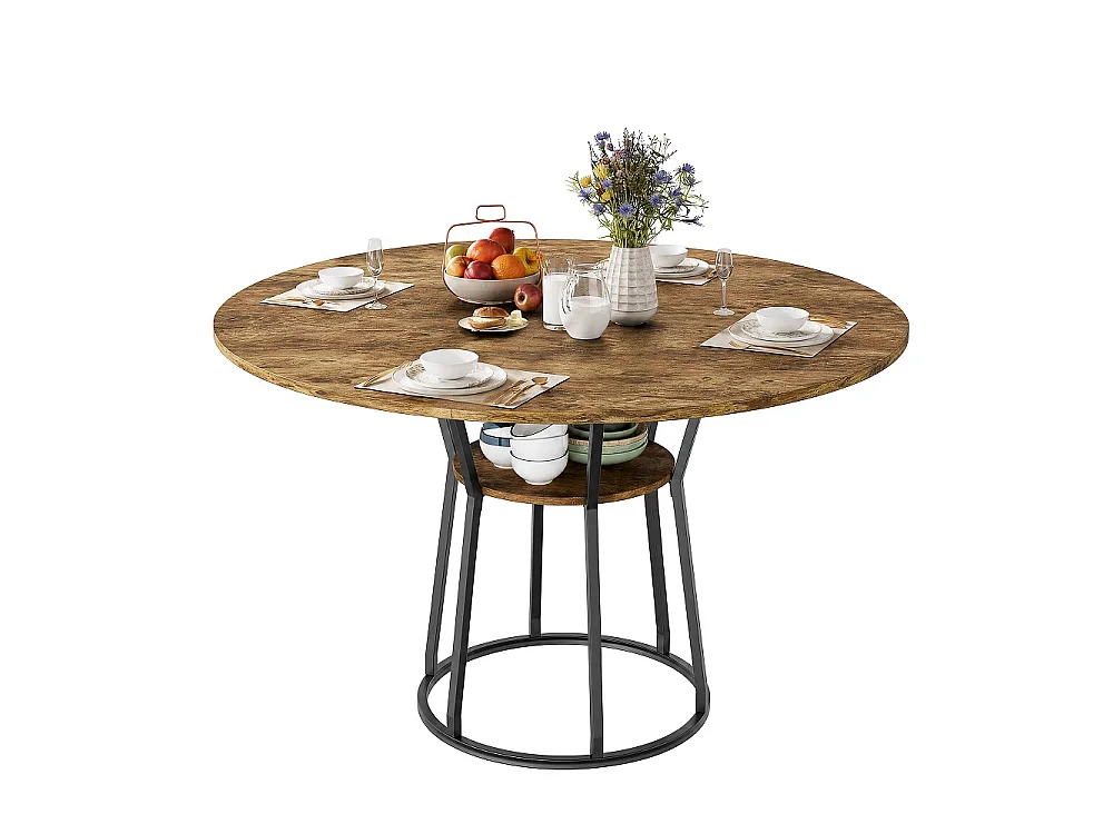 Table à manger ronde 120cm - Table de cuisine industrielle avec étagère de rangement et cadre métallique, pour 6 personnes - Bois - marron