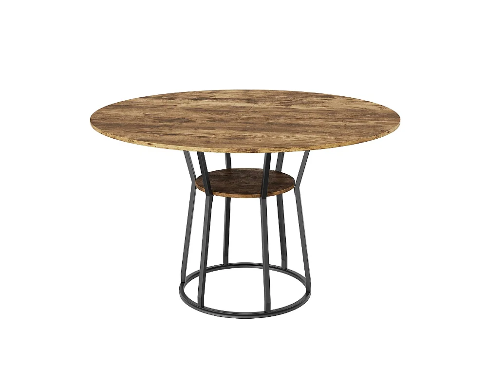 Table à manger ronde 120cm - Table de cuisine industrielle avec étagère de rangement et cadre métallique, pour 6 personnes - Bois - marron