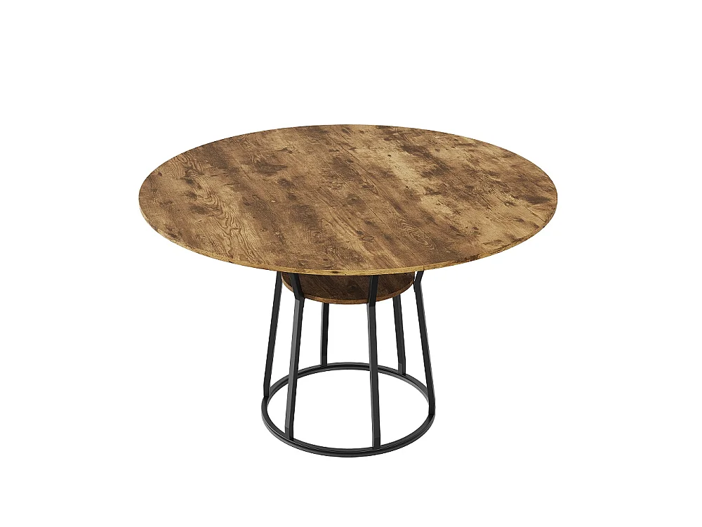 Table à manger ronde 120cm - Table de cuisine industrielle avec étagère de rangement et cadre métallique, pour 6 personnes - Bois - marron