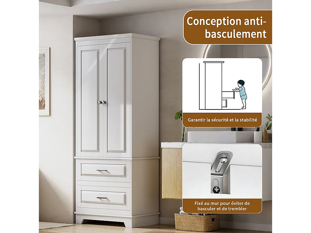 Armoire de rangement indépendant 70 × 47 × 185 cm - Armoire avec étagères réglables et 2 grands tiroirs - Design anti-pointe pour cuisine Salle de bains Salon - Boi