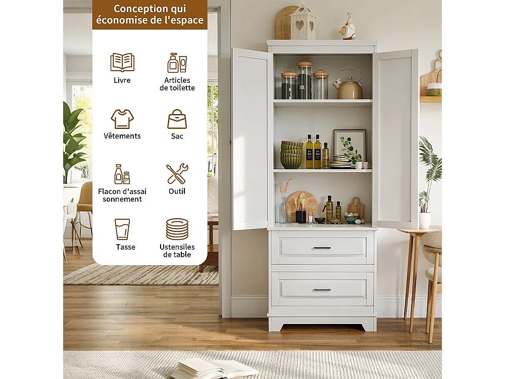 Armoire de rangement indépendant 70 × 47 × 185 cm - Armoire avec étagères réglables et 2 grands tiroirs - Design anti-pointe pour cuisine Salle de bains Salon - Boi