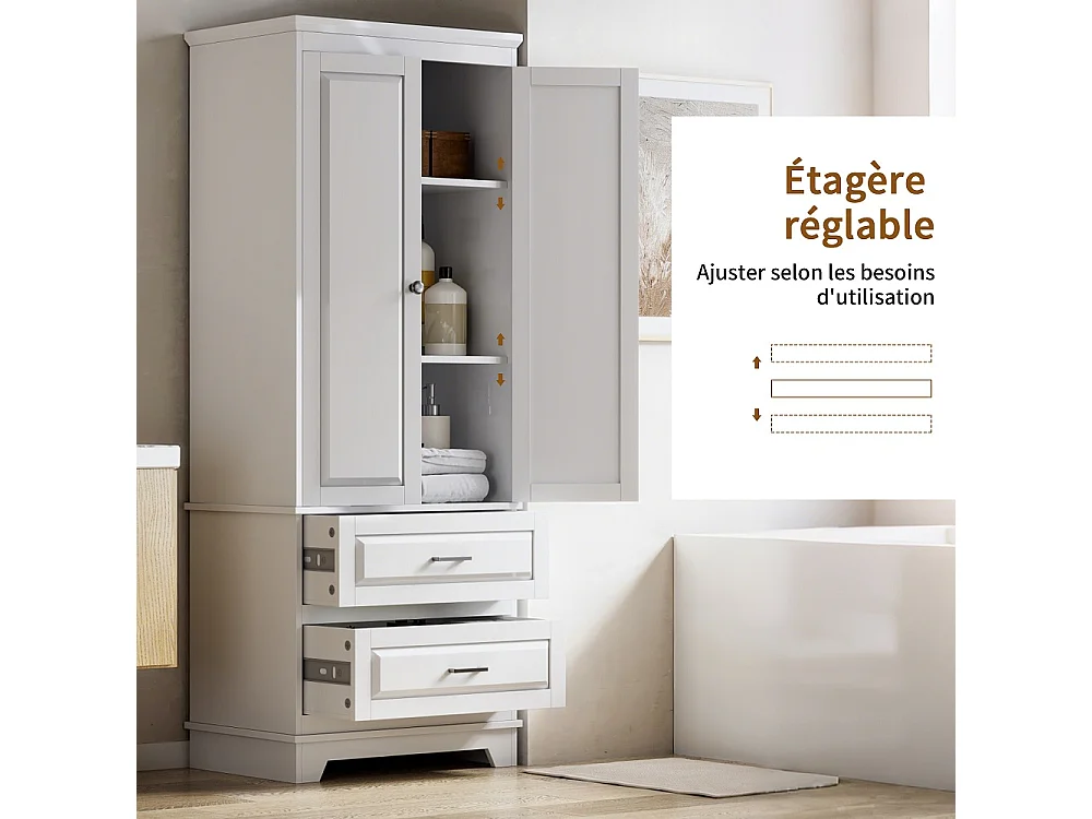 Armoire de rangement indépendant 70 × 47 × 185 cm - Armoire avec étagères réglables et 2 grands tiroirs - Design anti-pointe pour cuisine Salle de bains Salon - Boi