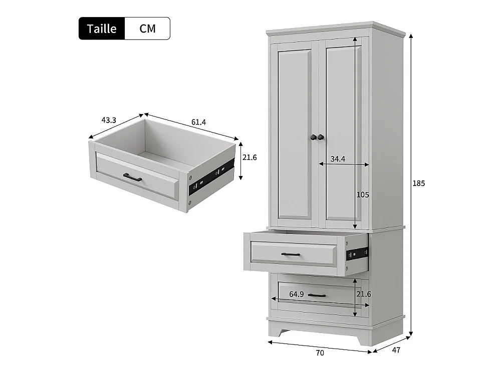 Armoire de rangement indépendant 70 × 47 × 185 cm - Armoire avec étagères réglables et 2 grands tiroirs - Design anti-pointe pour cuisine Salle de bains Salon - Boi