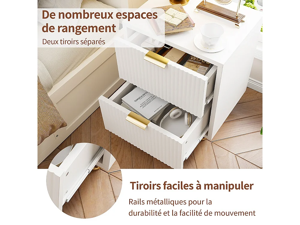Table de nuit avec 2 tiroirs 40 × 40 × 55cm - 2 pièces Table de lit renflée avec jambes en métal en or - Table d'extrémité latérale de texture d'onde - blanc