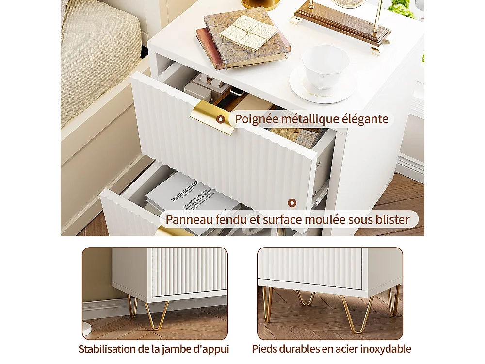 Table de nuit avec 2 tiroirs 40 × 40 × 55cm - 2 pièces Table de lit renflée avec jambes en métal en or - Table d'extrémité latérale de texture d'onde - blanc