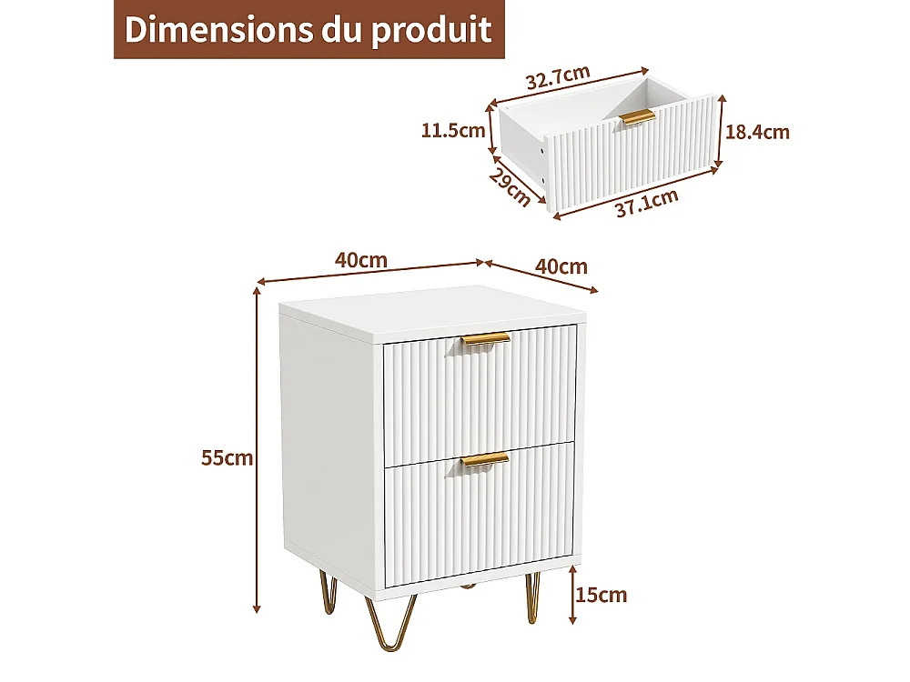 Table de nuit avec 2 tiroirs 40 × 40 × 55cm - 2 pièces Table de lit renflée avec jambes en métal en or - Table d'extrémité latérale de texture d'onde - blanc