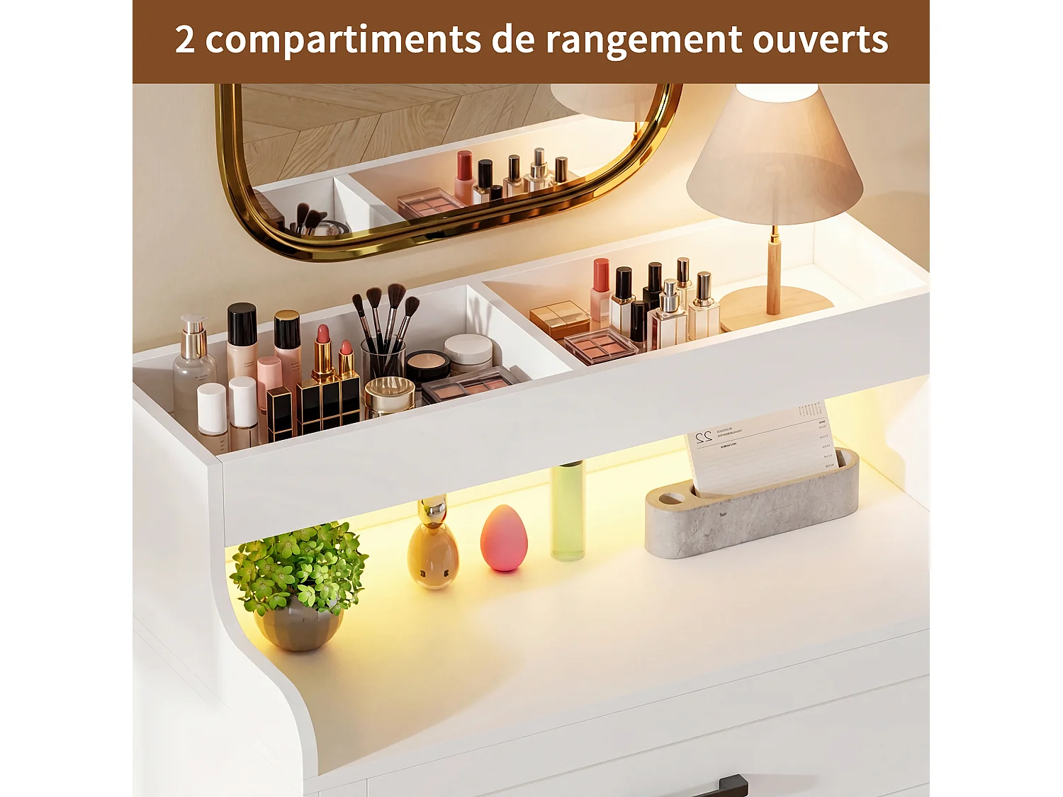 Commode indépendante 73×39.5×114 cm - Armoire à 4 tiroirs avec lumières LED RVB et compartiment ouvert - Armoire en bois - blanc