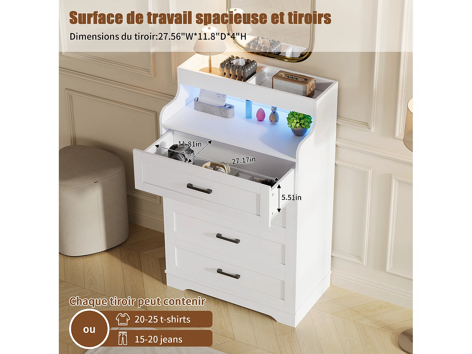 Commode indépendante 73×39.5×114 cm - Armoire à 4 tiroirs avec lumières LED RVB et compartiment ouvert - Armoire en bois - blanc